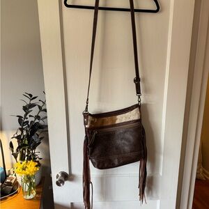 Myra Bag Brown Tooled Leather Crossbody with Haircalf and Fringe